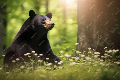 Premium AI Image | A black bear sits in a forest with a forest in the background.