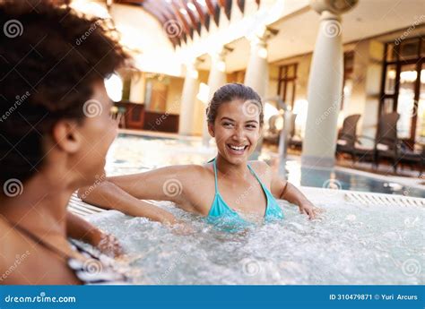 Excited Woman Friends And Laughing With Jacuzzi For Funny Joke Or Humor At Hotel Resort Or Hot