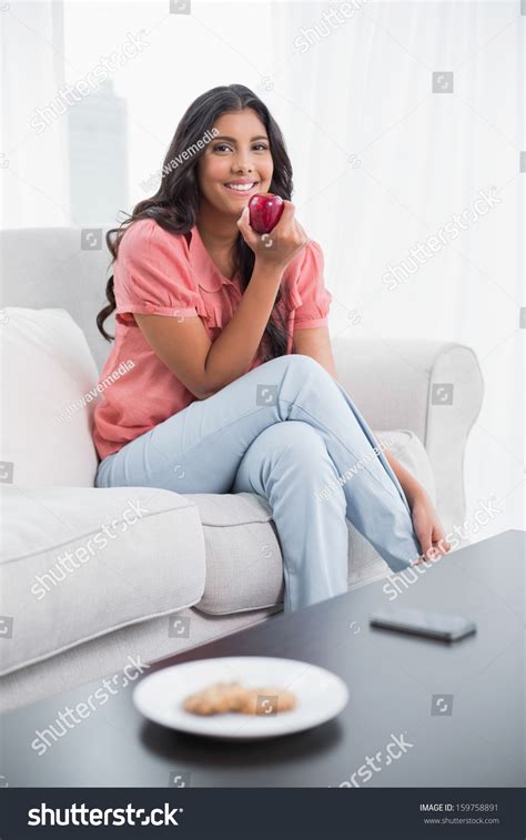 Happy Cute Brunette Sitting On Couch Stock Photo Shutterstock