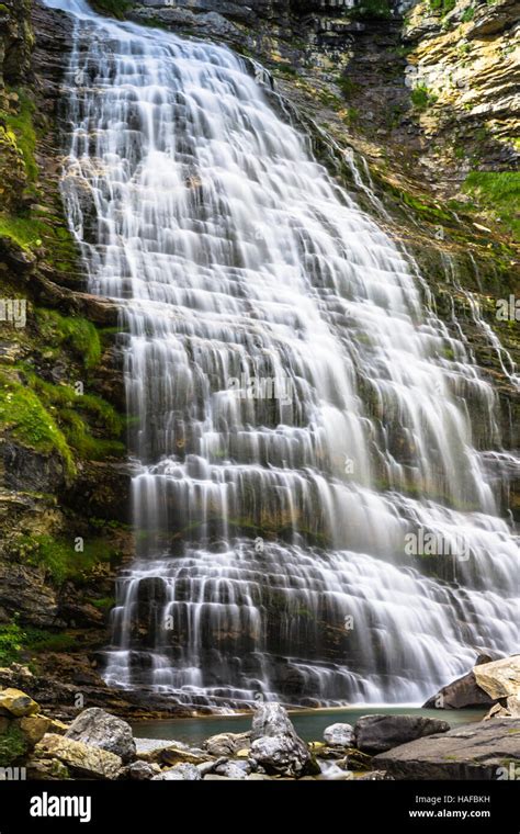 Cascada Cola De Caballo Waterfall Under Monte Perdido At Ordesa Valley