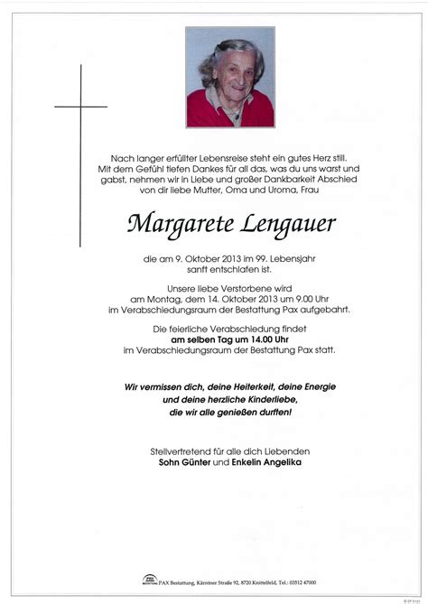 Parte für Margarete Lengauer pax requiem