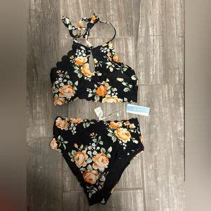 Cupshe Swim Cupshe Black And Orange Scallop High Waisted Bikini Poshmark