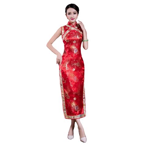 Red Chinese Traditional Dress Women Satin Halter Cheongsam Sexy Long