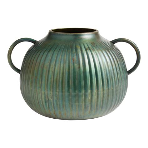 Brass Patina Metal Ribbed Vase with Handles - World Market