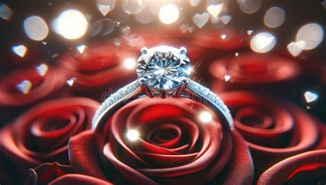 Elegant Diamond Engagement Ring On Red Rose Bouquet Ai Generated Stock