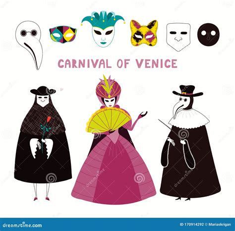 Carnival Of Venice People In Costumes, Masks Collection Vector
