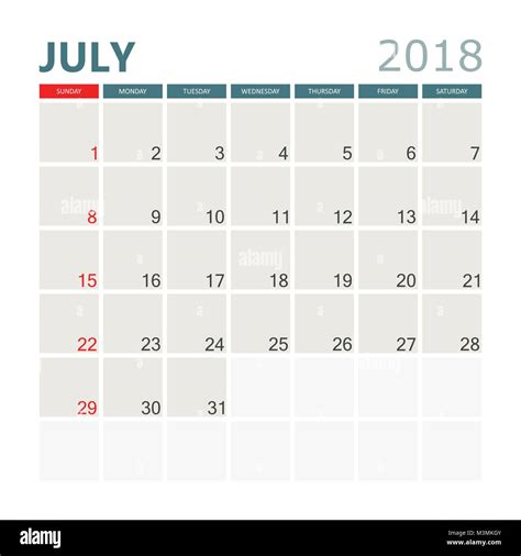 July 2018 Calendar Calendar Planner Design Template Week Starts On