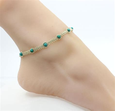 Beaded Ankle Bracelet Turquoise And Silver Anklet Dainty Etsy