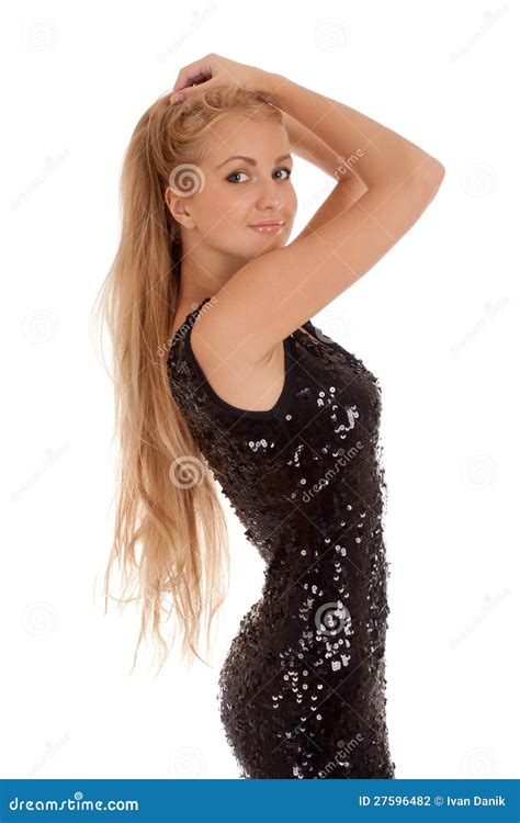 Belle Femme Blonde Dans La Robe Brillante Noire Photo Stock Image Du Beau Fille 27596482