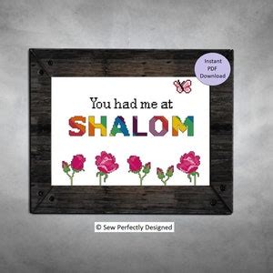 You Had Me At Shalom Jewish Cross Stitch Pattern With Pink Roses