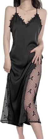 Yanoolh Women Long Lace Satin Nightgown Mesh Dot Hem Dress Sexy V Neck Chemise Lingerie