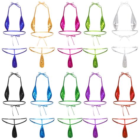 Yeahdor Womens Glossy Micro Bikini Set Lingerie Suit Pool Party Costume Swimwear Bra Top With G