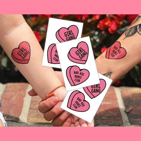 Girl Gang And Bad Ass Babes Club Temporary Tattoo Transfers Pink Hearts Body Stickers