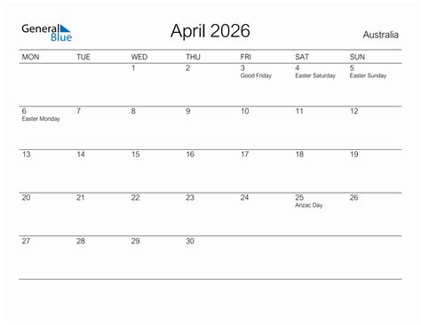 Printable April 2026 Monthly Calendar With Holidays For Australia