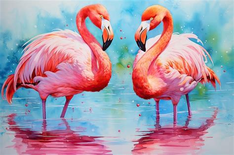 Premium Photo Two Flamingos In The Water Painted With Watercolors