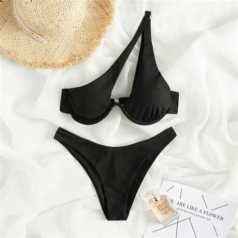 F069 One Shoulder Two Piece Bikini Black Aeistiva Avenue