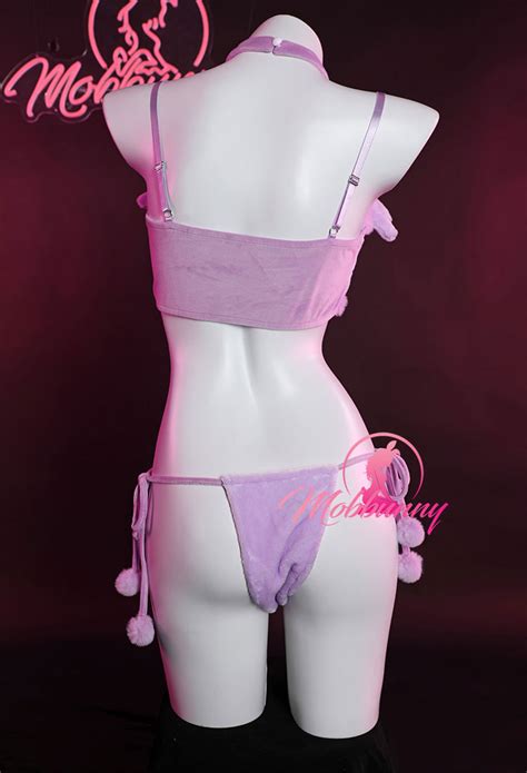 Kawaii Purple Plush Sexy Lingerie Set Pm Derivative Crop Top And Shorts With Lace Up Panty