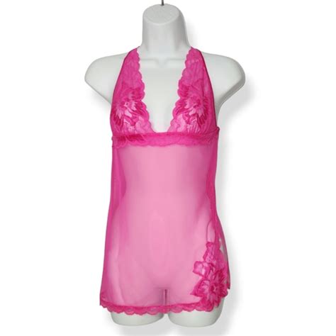 Victoria S Secret Intimates Sleepwear Victorias Secret Hot Pink Mesh And Lace Semi Sheer