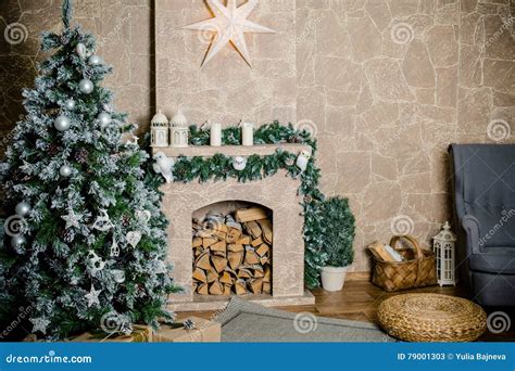 Fireplace with Christmas Tree and Decorations Stock Image - Image of ...