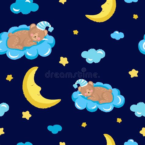 Seamless Pattern With Cute Sleeping Teddy Bear Clouds Stars And Moon