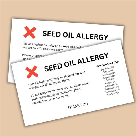 Printable Seed Oil Allergy Food Alert Cards Allergy Travel Cards