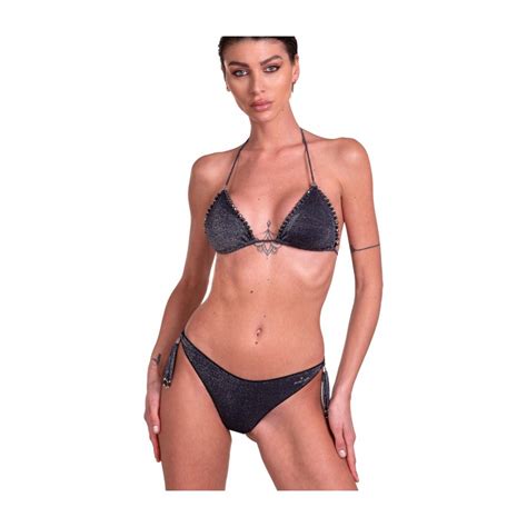 Pin Up Stars Bikini Triangolo Imbottito Slip Brasiliana Ricamo Cristalli Pa Cf Nero Donna