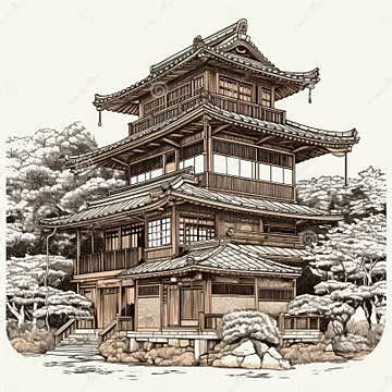 Drawing of a Japanese Pagoda Stock Illustration - Illustration of ...