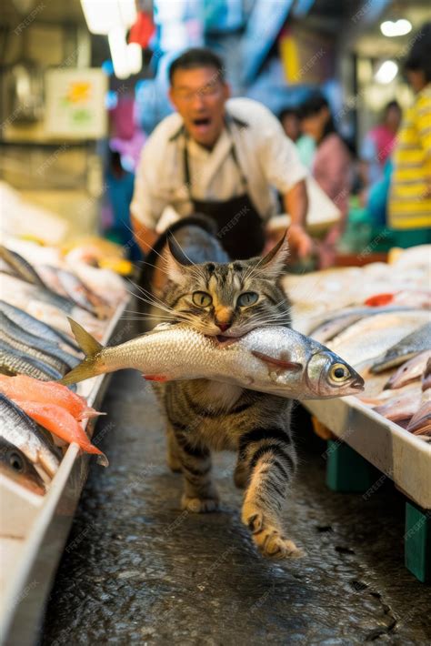 Tabby Cat Holding a Fish in Mouth at Fish Market with Shocked Vendor in