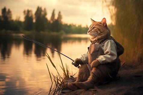 Premium Photo Cute Cat In Fishermans Clothes Catches Fish With A