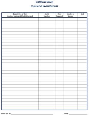 equipment inventory list form small business  forms