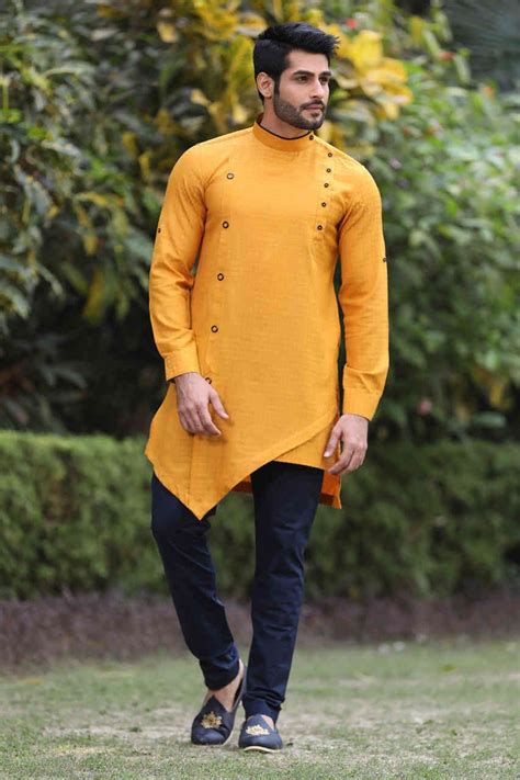 Modish Asymetric Yellow Kurta In 2020 Mens Kurta Designs Fashion