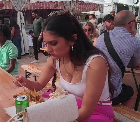 Candid Brunette With Nice Tits Showing Cleavage As She Eats In Timelapse Mode Candid Best Premium