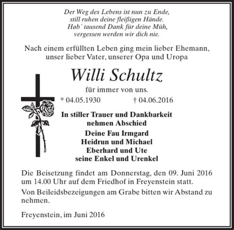 Traueranzeigen Von Willi Schultz Trauer Anzeigen De