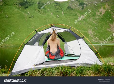 Back View Attractive Naked Female Tourist Stock Photo