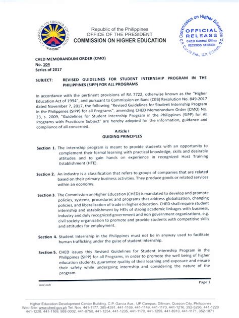 Ched Memo On Internship CMO-NO.-104-S.-2017 PDF | PDF