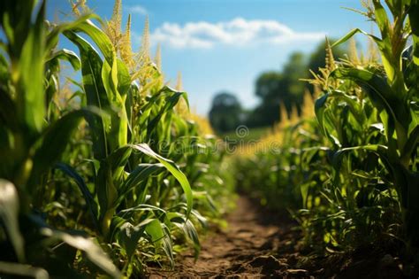 Vibrant Corn Rows Adorn Secluded Agricultural Field A Sea Of Green