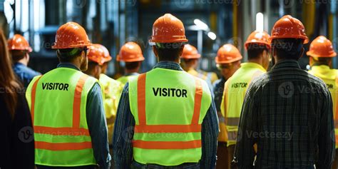Visitors don safety gear including hard hats and vests during an