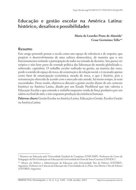 Pdf Educa O E Gest O Escolar Na Am Rica Latina Hist Rico Desafios E Possibilidades