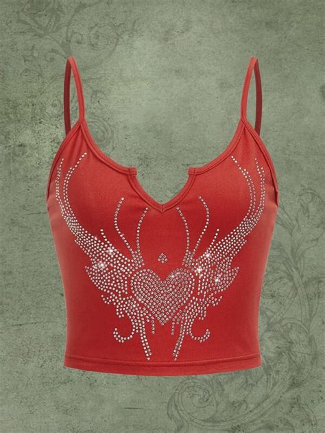 Romwe Fairycore Rhinestone Heart Pattern Cami Top Shein Usa