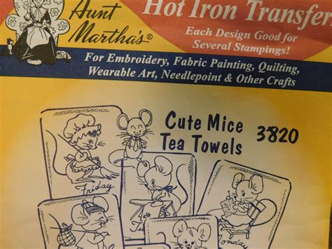 Vtg AUNT MARTHA S Hot Iron Transfers 3820 Cute Mice Tea Towels DAYS Of