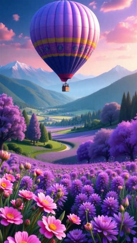A Hot Air Balloon With Flowers Over A Lavender Field Stock Illustration Illustration Of