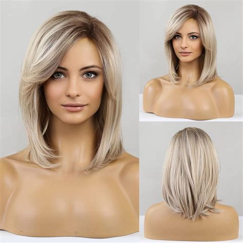 Haircube Blonde Wigs For Women Bob Shoulder Length Layered Synthetic Dark Roots Hair Wig With