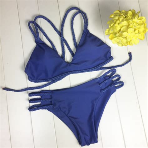 Purple Sexy Women Braid Edge Two Straps Bottom Hollow Two Piece Bikini