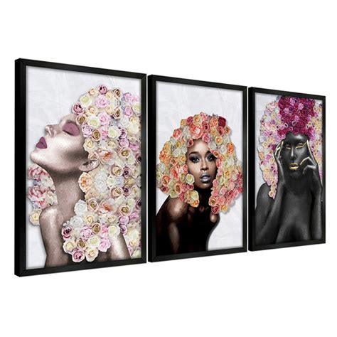 Kit 3 Quadros Decorativos 30x45 Mulheres Rosto Flores Rosas Moldura