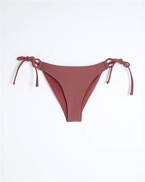 Brown Ribbed Ring Detail Bikini Bottoms River Island