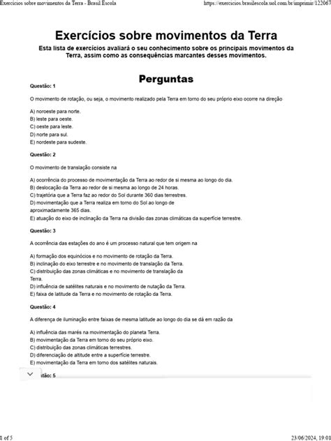 Questões Sobre Movimentos Da Terra 6 Ano Pdf