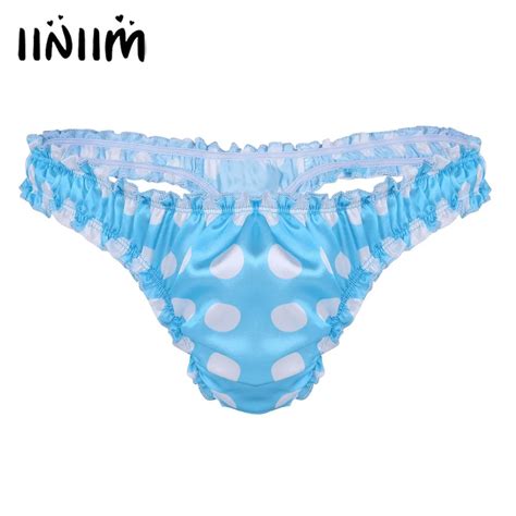 Billionm Sexy Mens Lingerie Panties Soft Satin Polka Dot Ruffled High Cut Low Rise Bikini Sissy