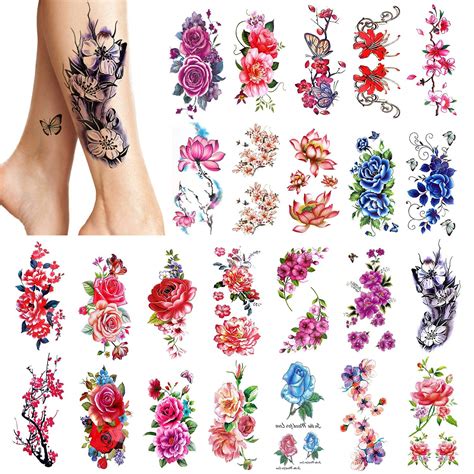 Phogary 24pc Women Temporary Tattoos Large Flowers Bright Colors Waterproof Body Art Stickers