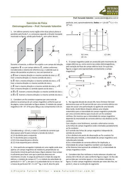 Exercícios de Física Eletromagnetismo Prof Futuro Militar