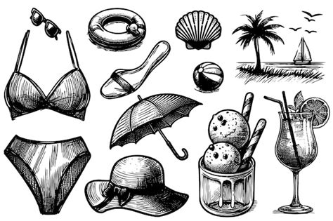 Un Conjunto De Dibujos Con Temas De Playa Que Incluyen Gafas De Sol De Bikini Vector Premium